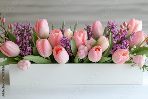 Floral arrangement featuring pink tulips and purple blooms in a white planter