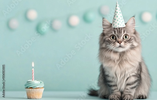 Cat celebrates birthday with cupcake and festive hat in a cheerful setting