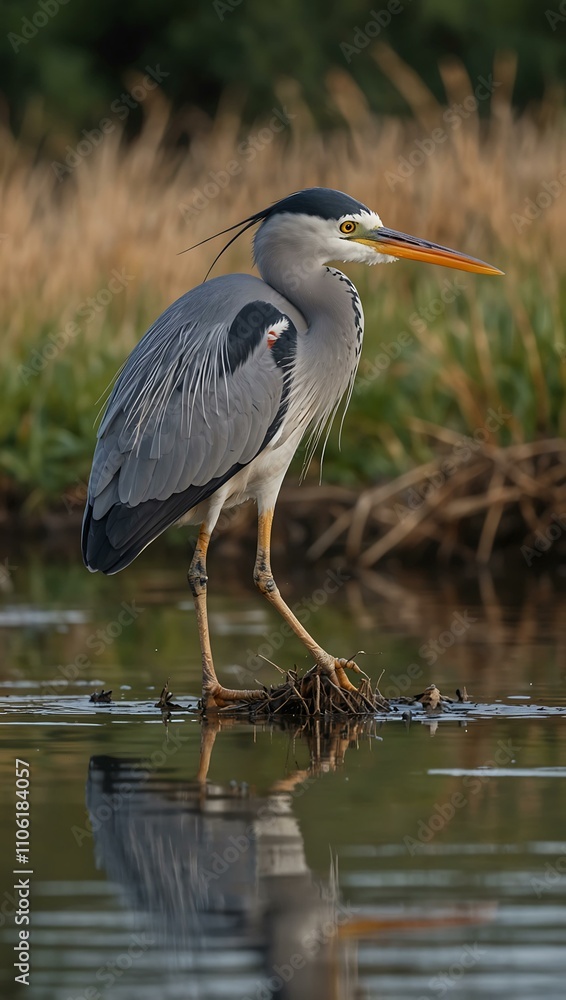 Gray heron hunting mice.