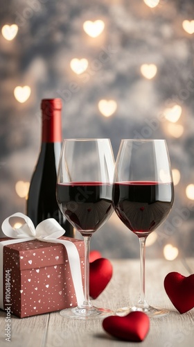 Romantic wine celebration with gift and hearts for a special occasion at night