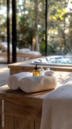 Serenity and relaxation in a tranquil spa setting surrounded by lush greenery