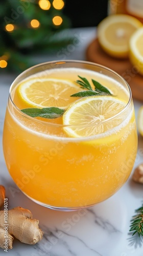 Fresh lemonade with ginger garnished with lemon slices on a kitchen countertop