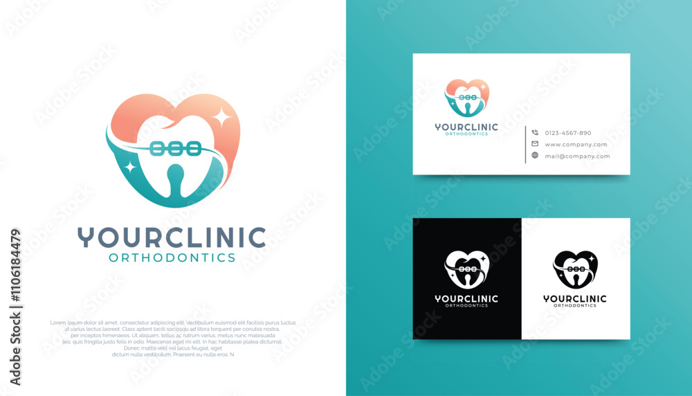 Fototapeta premium Orthodontic Logo, tooth with braces inside a heart sign