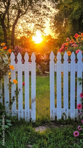 Beautiful sunset lighting up a garden path surrounded by vibrant flowers and ...