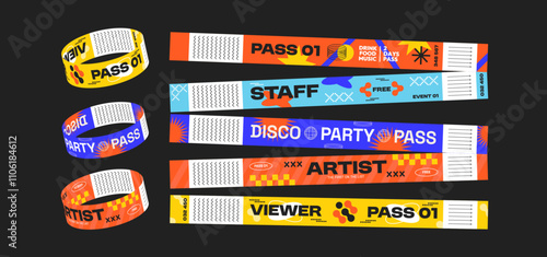 5 colorful event wristbands in retro futuristic style. Vector illustration of colorful event bands for parties, festivals, events, disco, fan zone. Control ticket bracelets for staff and artist.