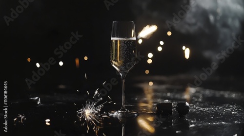 Sparkling drink with festive sparkler on a dark table setting during a celebr...