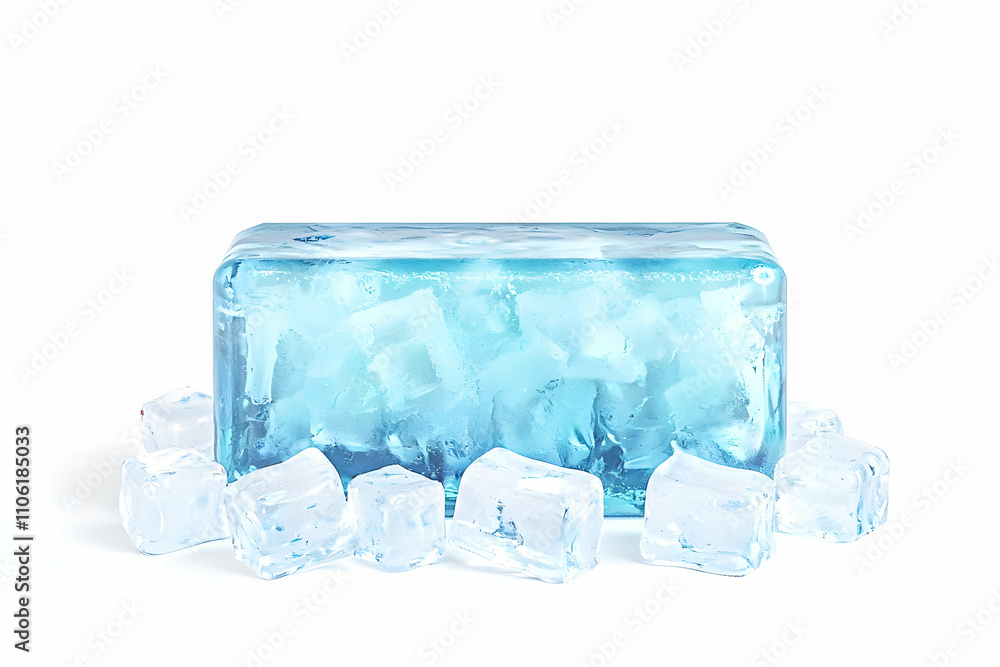 Clear and Vibrant Ice Block Surrounded by Small Ice Cubes on a Bright White Background for Beverage, Cooling, or Culinary Use in Stock Photography Clear and Vibrant Ice Block Surrounded by Small Ice Cubes on a Bright White Background for Beverage, Cooling, or Culinary Use in Stock Photography