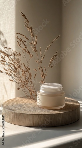 Serenity captured in natural light with a skincare jar and dried flowers at a...
