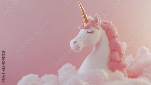 Soft unicorn resting on fluffy pink clouds with a dreamy pastel background du...