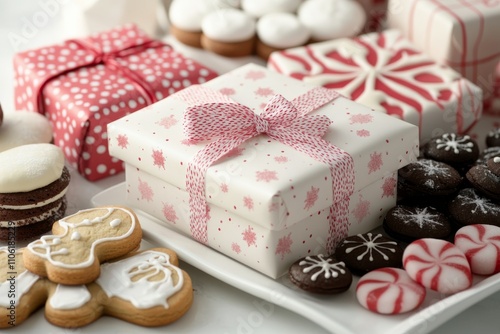 Holiday baked goods and gift wrapped packages on a table for festive celebrat...