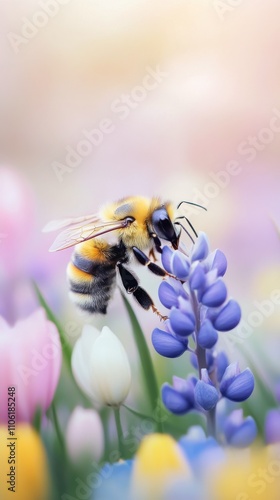 Colorful flowers attract bees in a serene garden during springtime in early m...