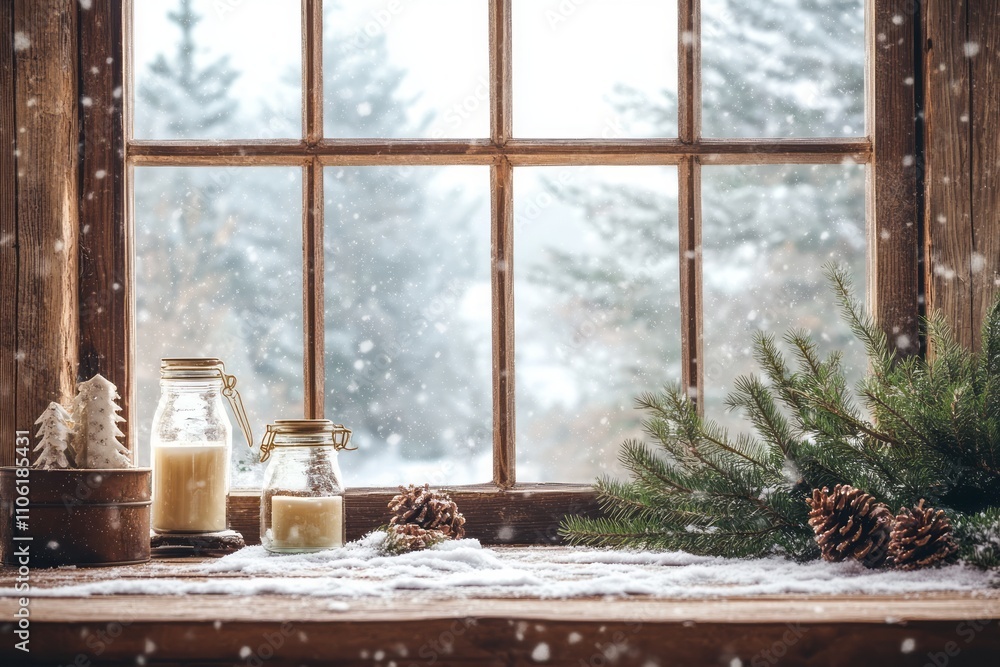 Winter Window Scene With Candles And Pine Cones Winter Window Scene With Candles And Pine Cones