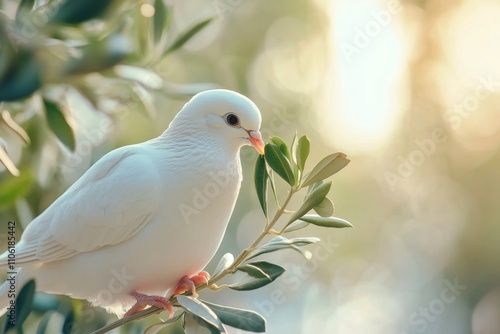 White dove perched on an olive branch during golden hour in a serene setting
