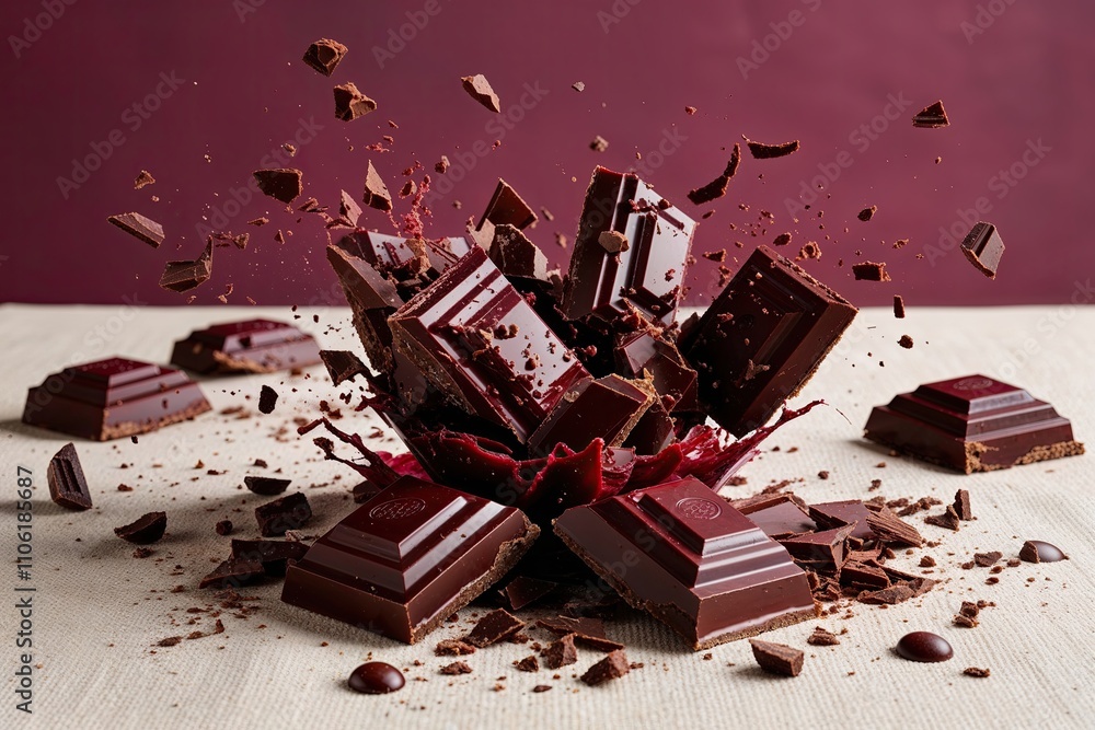 Fototapeta premium Rich Ruby Chocolate Shards Melting and Swirling on Velvety Base