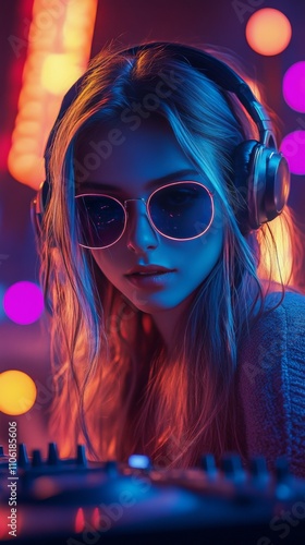 DJ wearing sunglasses with vibrant lights in a club setting during a nightlif...
