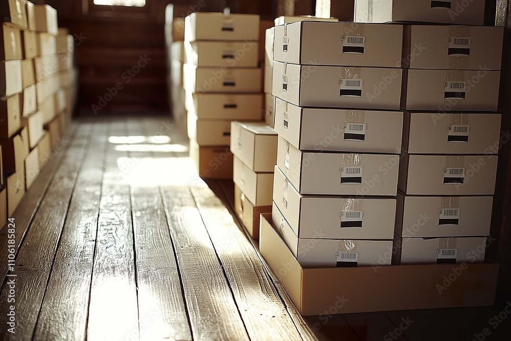 Cardboard boxes lined up in a minimalist room with wooden flooring Cardboard boxes lined up in a minimalist room with wooden flooring