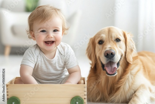 Happy child playing with a wooden toy beside a friendly golden retriever in a...