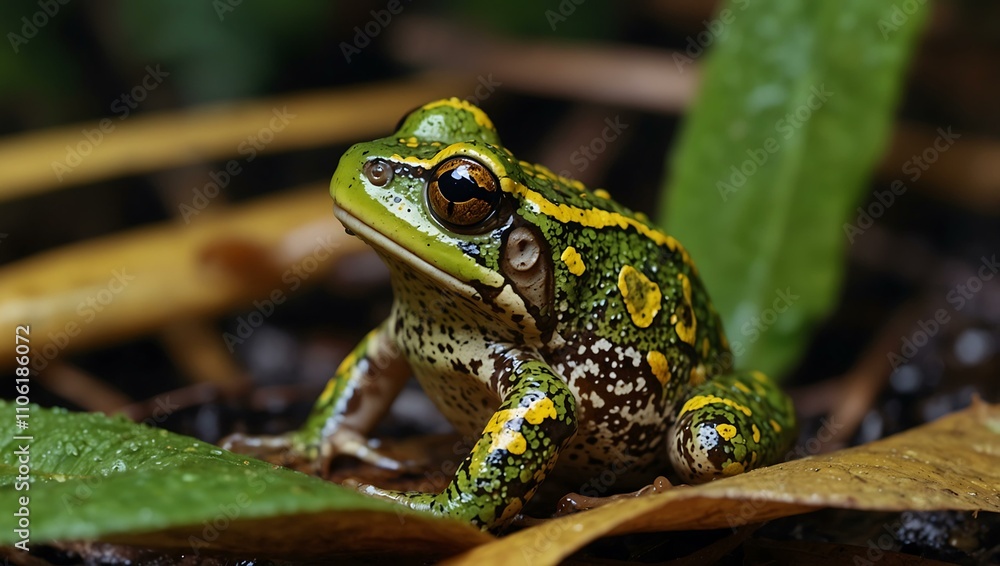 Fototapeta premium Green and yellow-patterned frog in wet leaves.