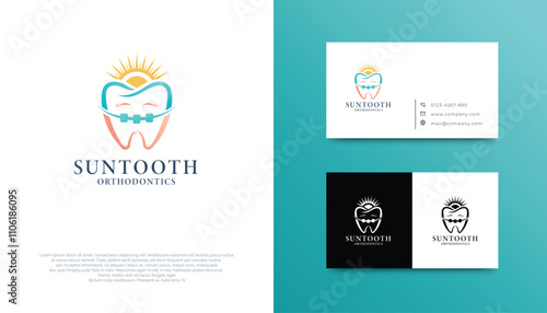 Modern orthodontic services logo, features a tooth with braces and sun symbol