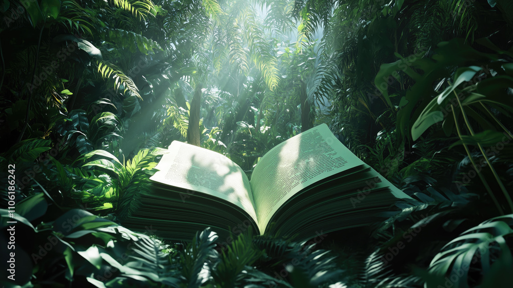 Obraz premium Open book revealing the jungle. Eco concept. Generative AI