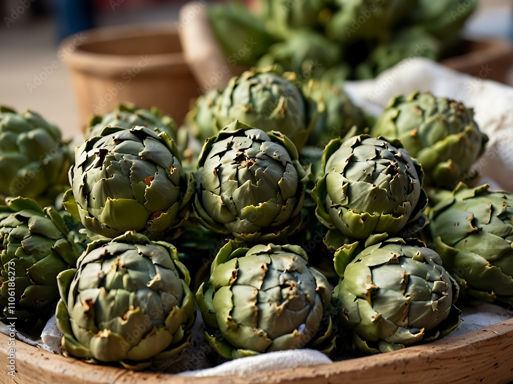 Fototapeta premium Green artichokes for sale at a market.