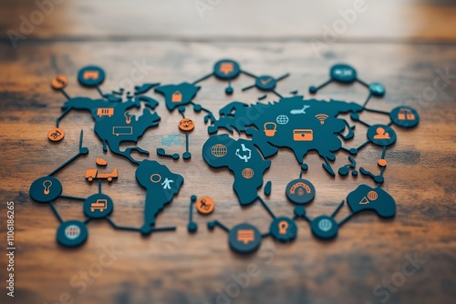 Interactive map of global technology network on wooden table for education and information sharing, illustrating worldwide connectivity and digital communication.