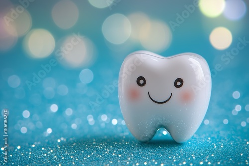 Cartoon tooth with a smiling face on a sparkling blue background for dental health promotion and children's dental care