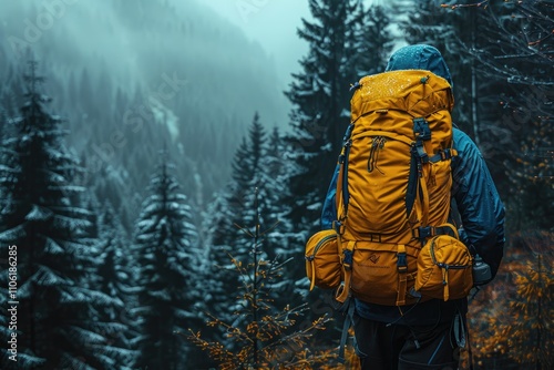 Backpacker in a Foggy Forest