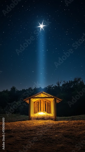 Starry night over a rustic shelter with hay under a glowing light in the coun...