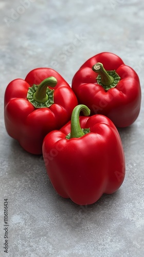 Bright red bell pepper standing on a smooth surface with a neutral background