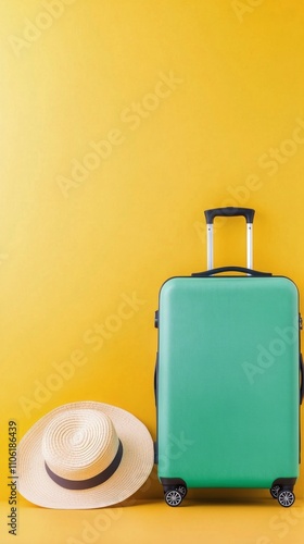 A turquoise suitcase stands beside a wide brimmed straw hat against a vibrant...
