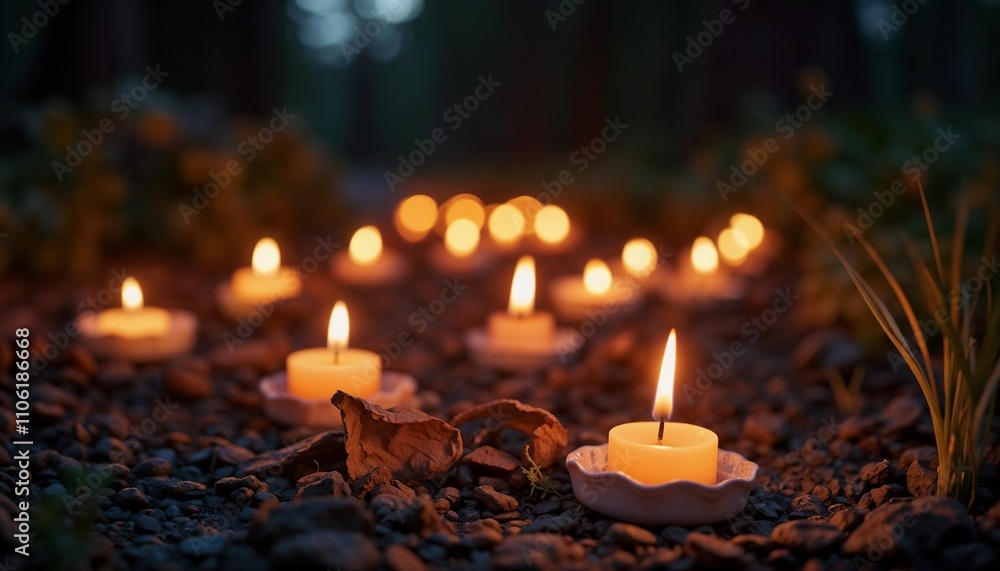 Candles lit on stone pathway in forest at dusk with warm glow Candles lit on stone pathway in forest at dusk with warm glow