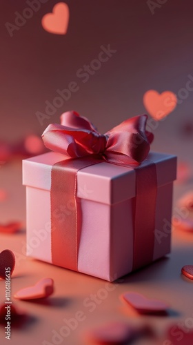 Gift box wrapped in pink ribbon surrounded by heart shaped decorations on a s...