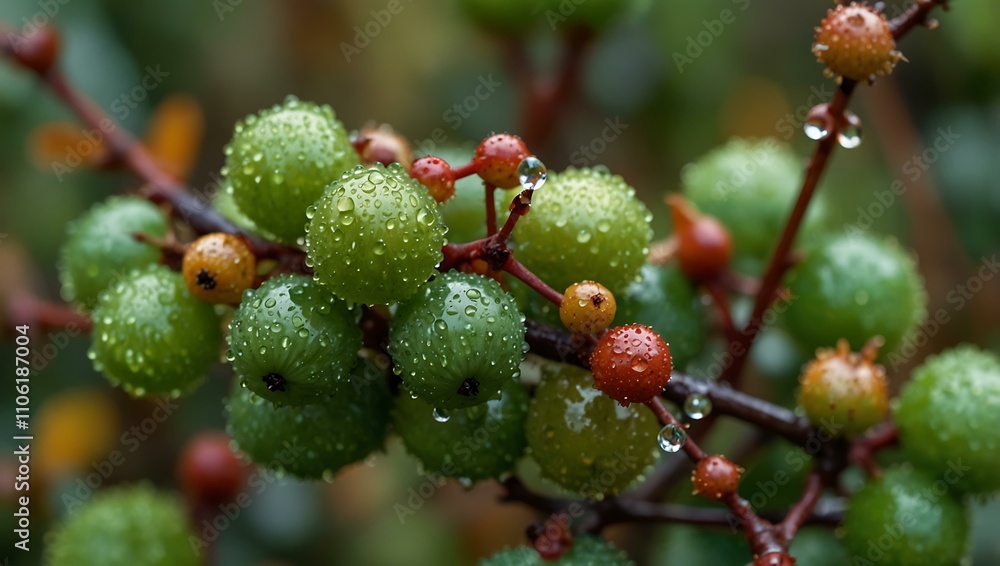 Green berries with dew drops on autumn shrubs. Green berries with dew drops on autumn shrubs.