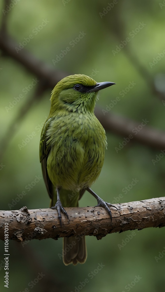 Fototapeta premium Green bird on a branch in a serene natural setting.