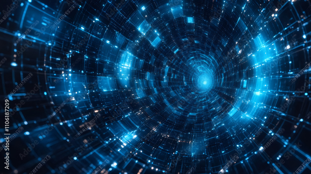 Obraz premium Glowing blue digital information flowing through futuristic rotating tunnel, big data transmission concept