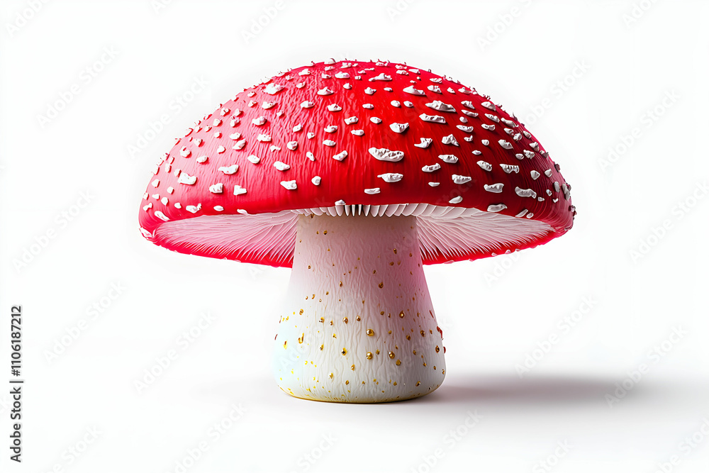 Bright Red Mushroom with White Spots on Cap and White Stem, Captured Against a White Background, Perfect for Nature and Food Themes in Stock Photography Bright Red Mushroom with White Spots on Cap and White Stem, Captured Against a White Background, Perfect for Nature and Food Themes in Stock Photography