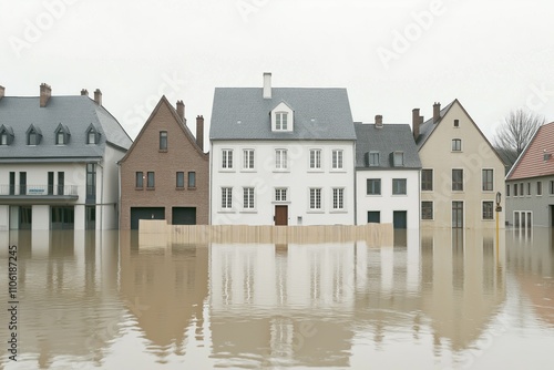 Flooded residential street shows protective barriers after heavy rainfall