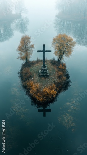 Mysterious cross surrounded by fog and autumn trees by a quiet lake at dawn
