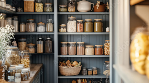 Organized food pantry closet in cozy cottage style home