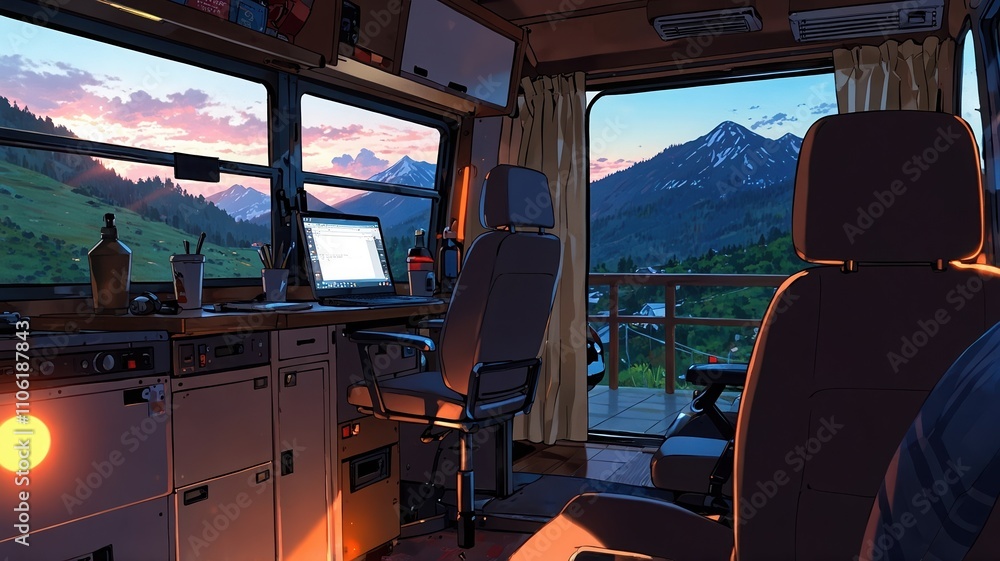 Cozy camper van interior with mountain sunset view. Cozy camper van interior with mountain sunset view.