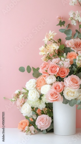 Beautiful floral arrangement with pastel roses and greenery on soft pink back...