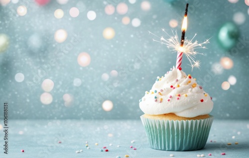 Celebrating a birthday with a sparkling cupcake topped with frosting and a ca...