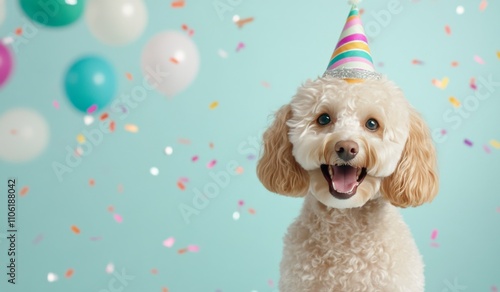 Cute dog wears party hat surrounded by colorful balloons and confetti for bir...