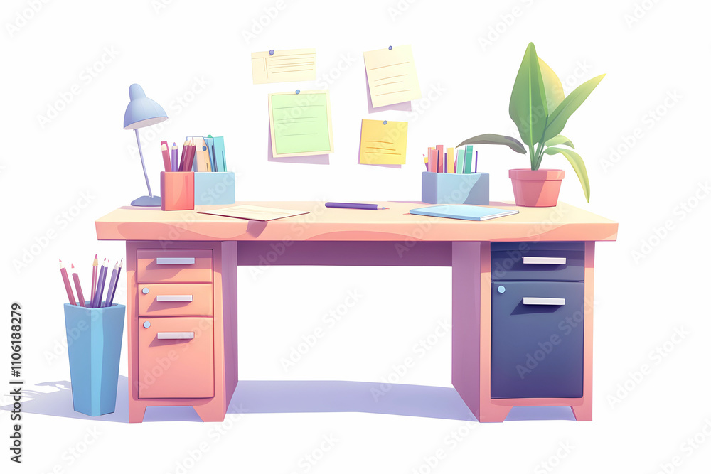 Bright and Modern Workspace with Desk, Stationery, Green Plant, and Colorful Note Papers for Creative and Productive Environment Bright and Modern Workspace with Desk, Stationery, Green Plant, and Colorful Note Papers for Creative and Productive Environment