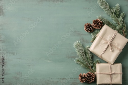 Decorative winter gifts arranged with pinecones and greenery on a muted backg...