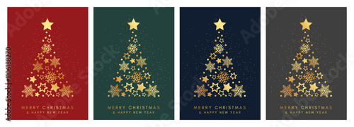 Set of Christmas greeting cards with golden Christmas trees made of golden snowflakes and stars. Vector illustration.