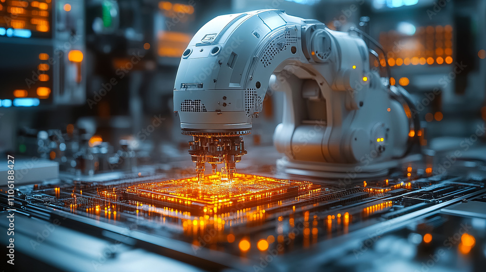 Robotic arm assembling a circuit board in a high-tech laboratory filled with advanced machinery and glowing components. Generative AI Robotic arm assembling a circuit board in a high-tech laboratory filled with advanced machinery and glowing components. Generative AI