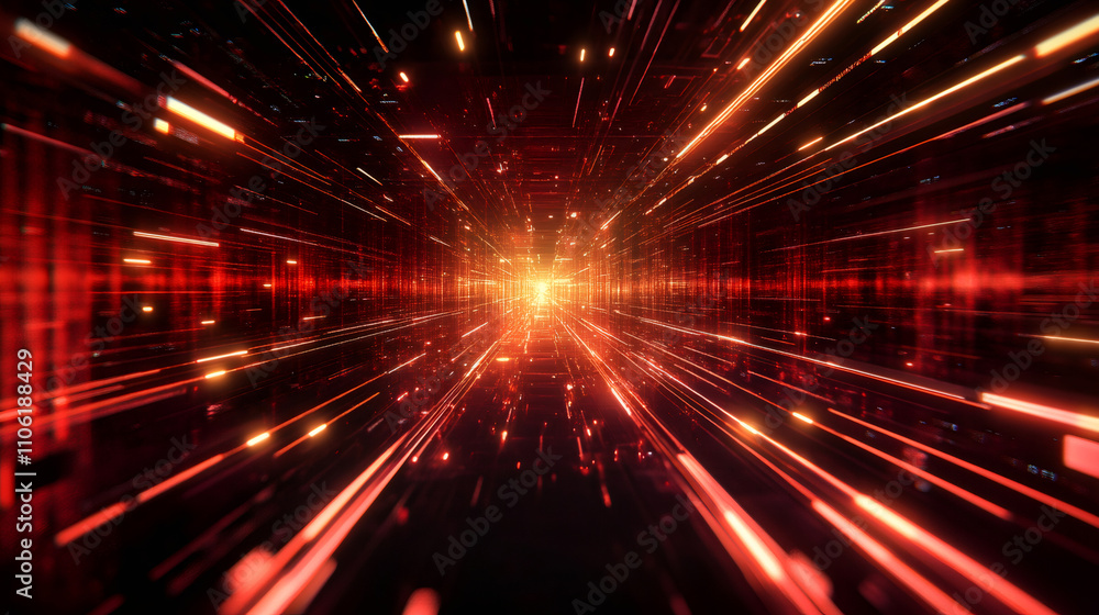 Fototapeta premium Vibrant red and orange light trails merge in a digital tunnel, forming a captivating and futuristic visual