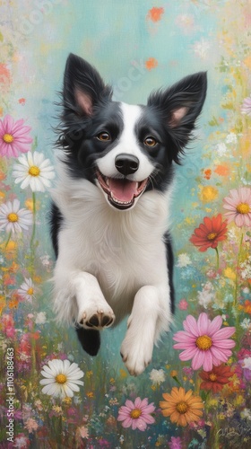 Happy dog jumps through colorful flower field in a joyful spring moment
